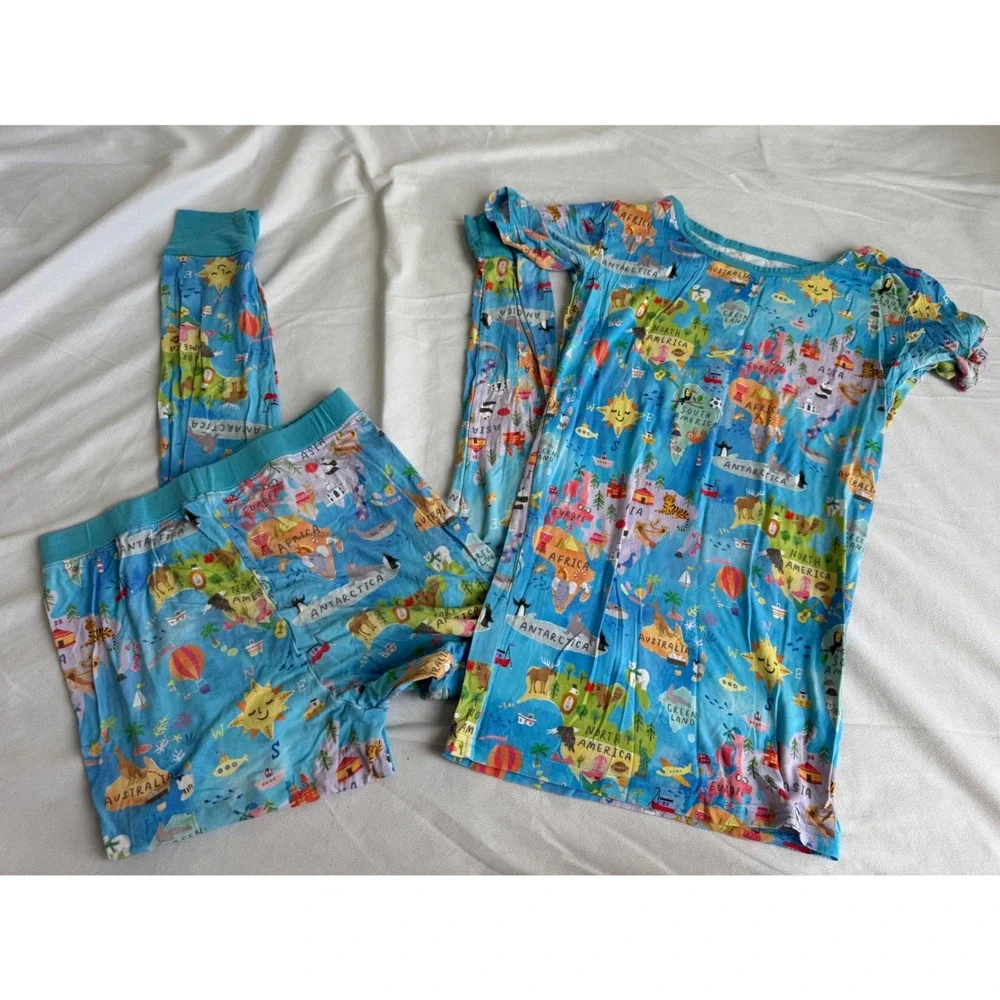 Little Sleepies Around the World Bamboo Pajama Set Blue Kids 12 Lunaluxe map